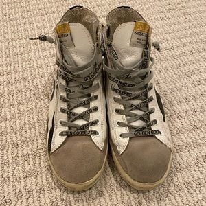 Francy distressed printed leather and suede high-top sneakers